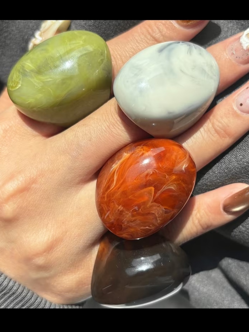 4 pieces size 10 Statement Rings- Orange, Olive, Cream, Black